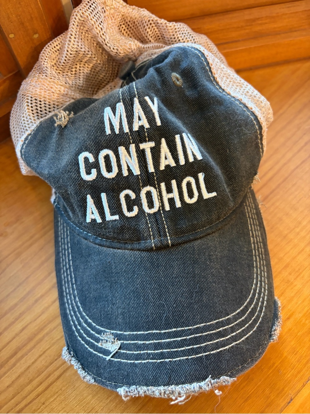 May Contain Alcohol Distressed Denim Cap in Black